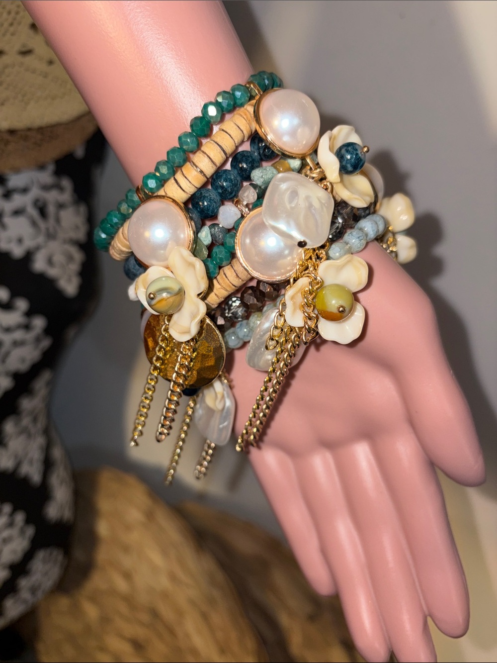 Teal & Cream Beaded Layered Bracelet Set with Pearl & Shell Charms